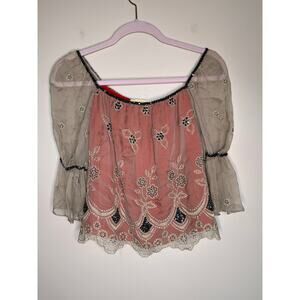 2000s Y2K Ronit Zilkha Silk Sequin Floral Boho Festival Fairy Whimsigoth Shirt S